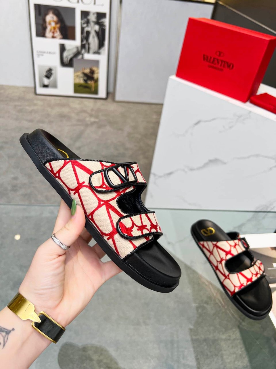 Valentino Garavani Vlogo Toile Iconographe Sandal Red view 5