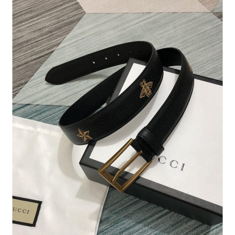 Gucci Calfskin Bees And Stars Print Belt 35mm 495125 Black Unisex view 8