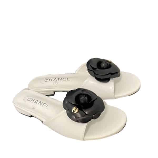 Chanel Black Camellia Slides White