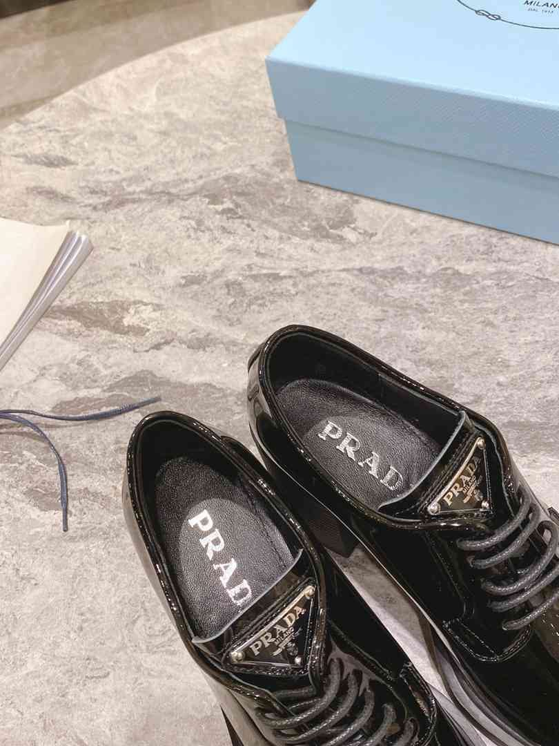 Prada Heeled Brushed Leather Lace-Ups Shiny Black view 7