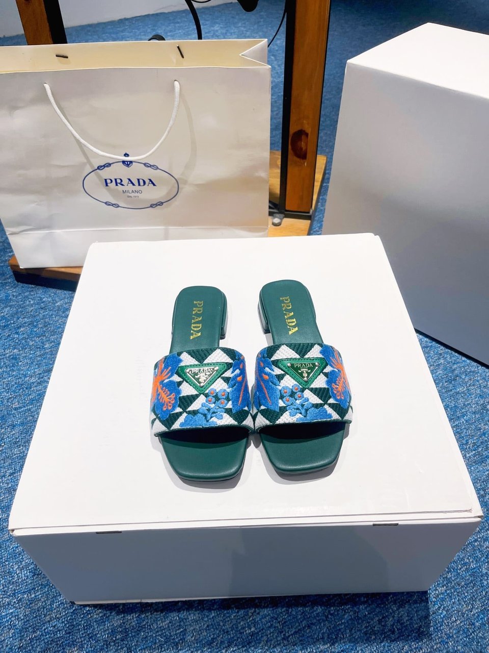 Prada Jacquard Logo Slides Green view 5