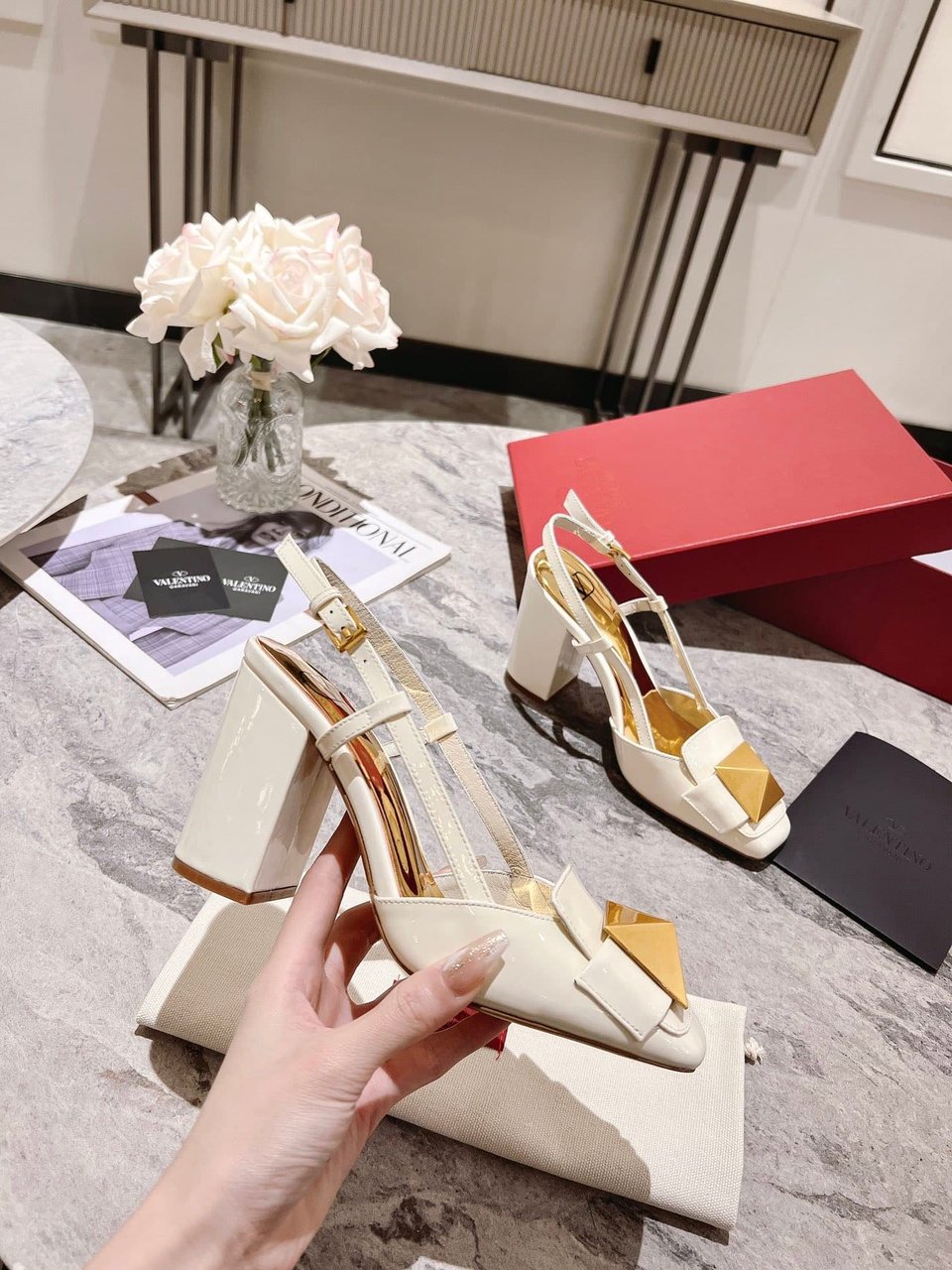 Valentino Garavani One Stud Patent Leather Slingback Pump White view 8
