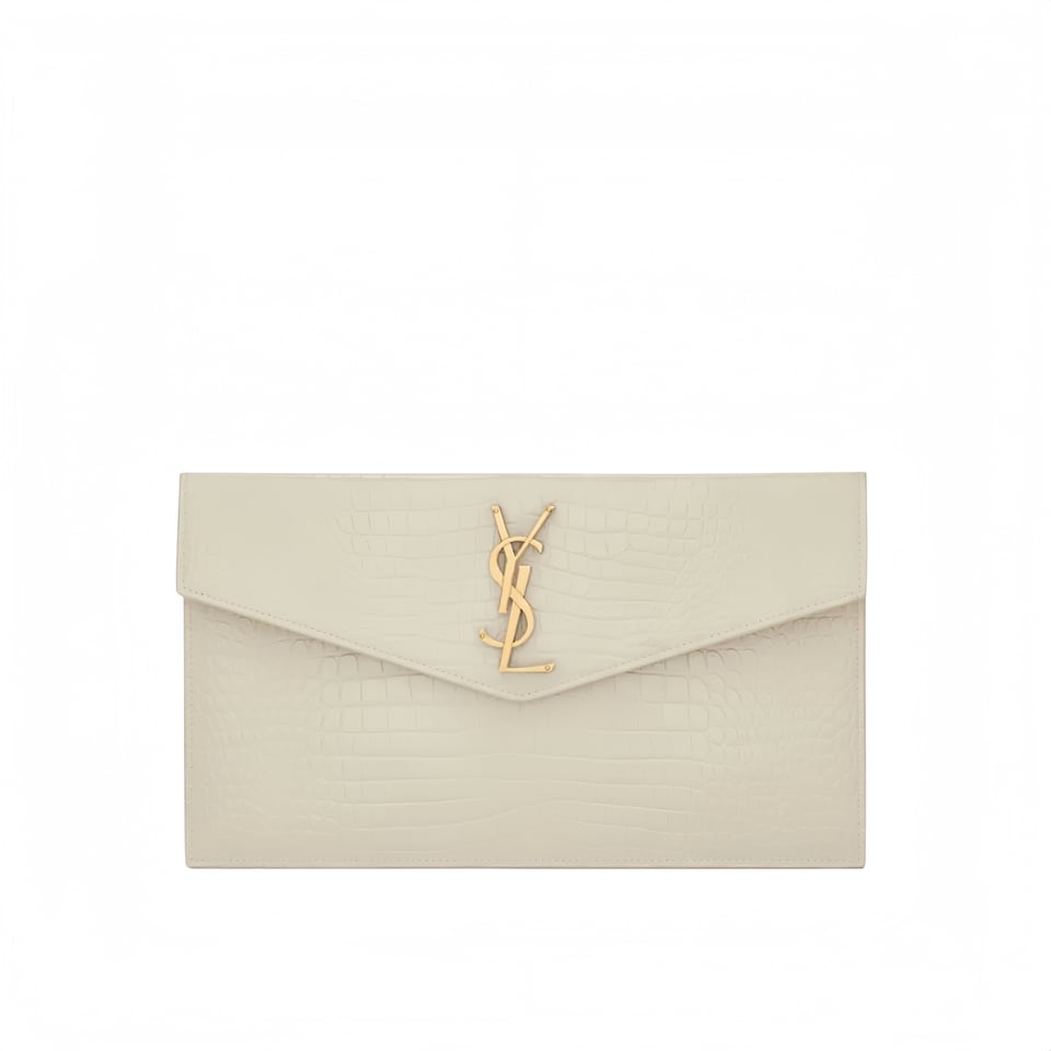Saint Laurent Uptown Pouch In Crocodile Embossed Shiny Leather