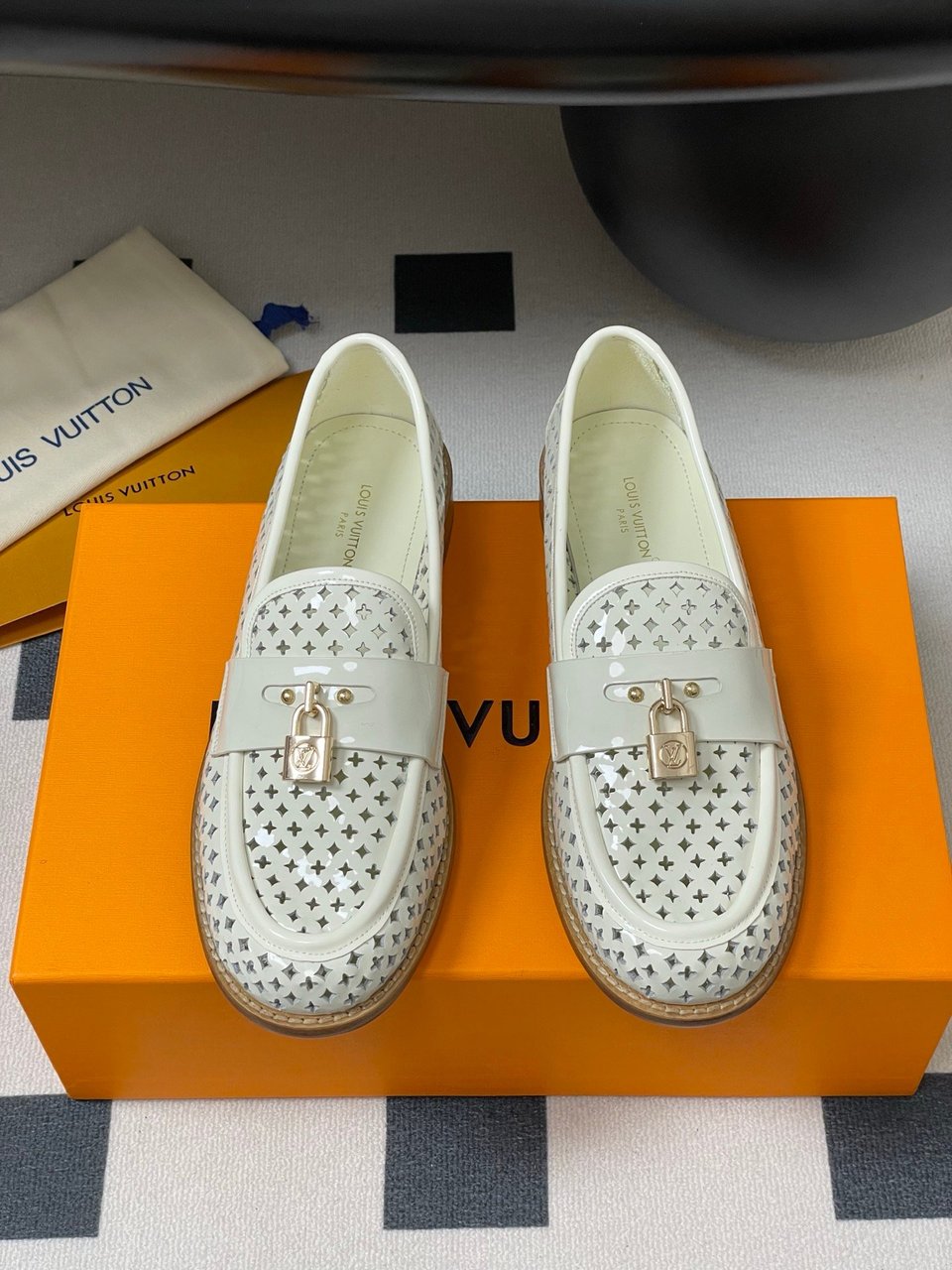 Louis Vuitton Chess Flat Loafer White Monogram Embroidered with Gold Padlock 1AGXRV view 10