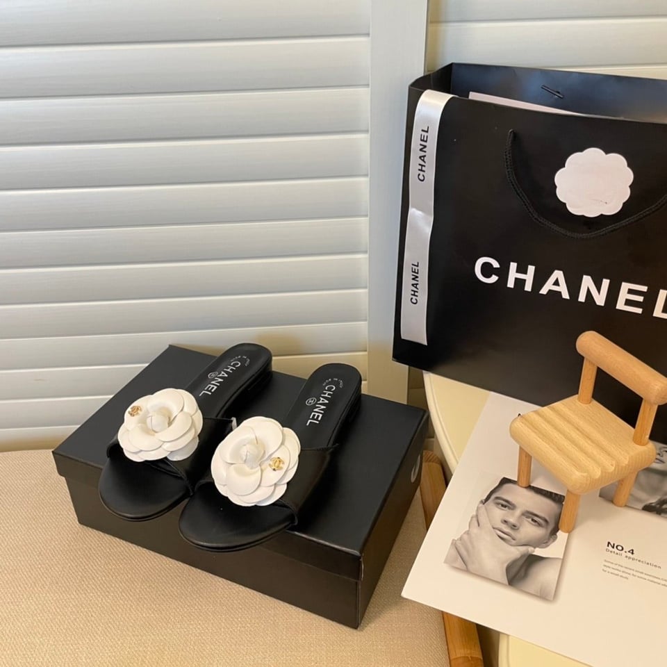 Chanel White Camellia Slides Black view 10