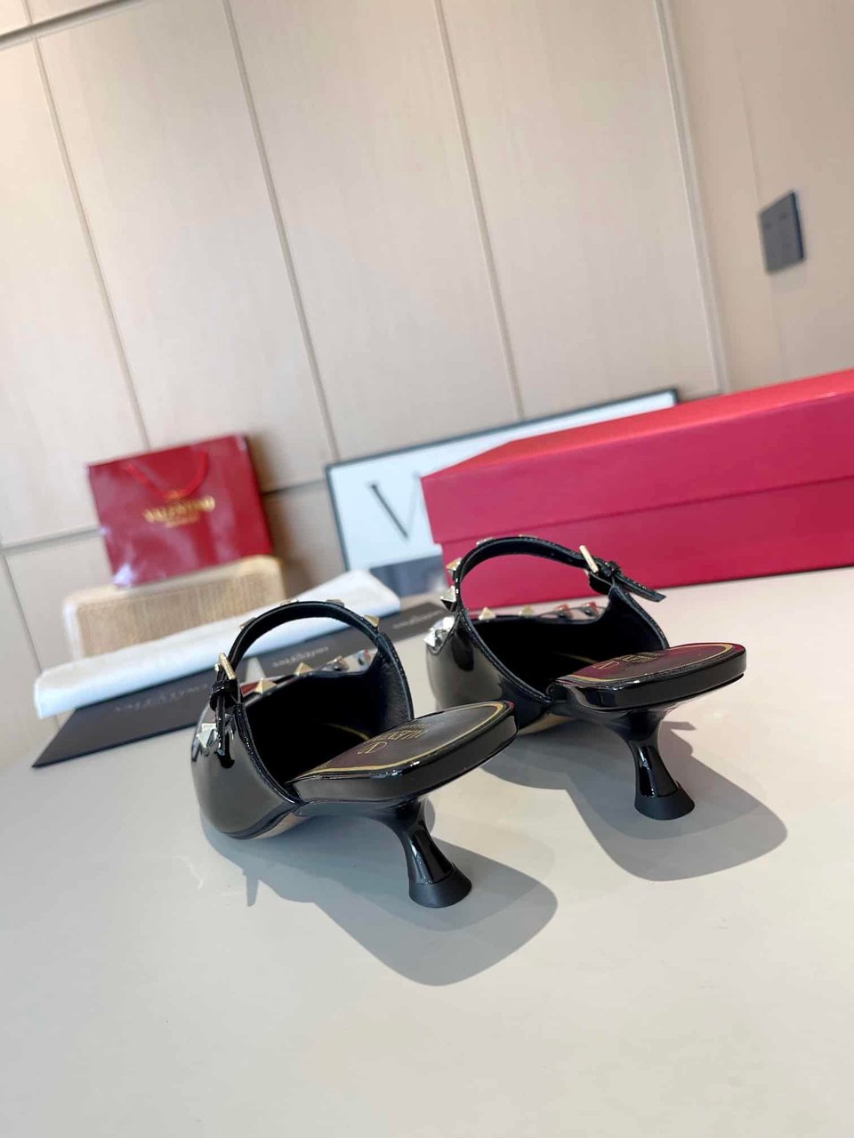 Valentino Garavani Rockstud Asymmetric Patent Leather Mules Black view 5