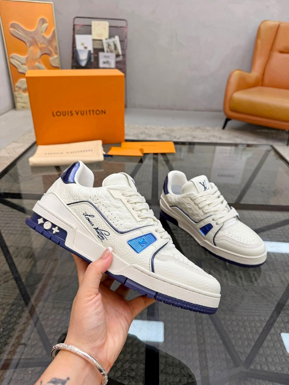 Louis Vuitton Trainer Sneaker Navy Blue Monogram-debossed Grained Calf Leather 1AKCLX view 2