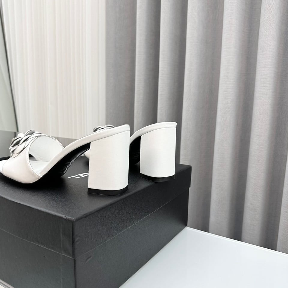 Chanel Camellia Medium Heel Slippers White view 7