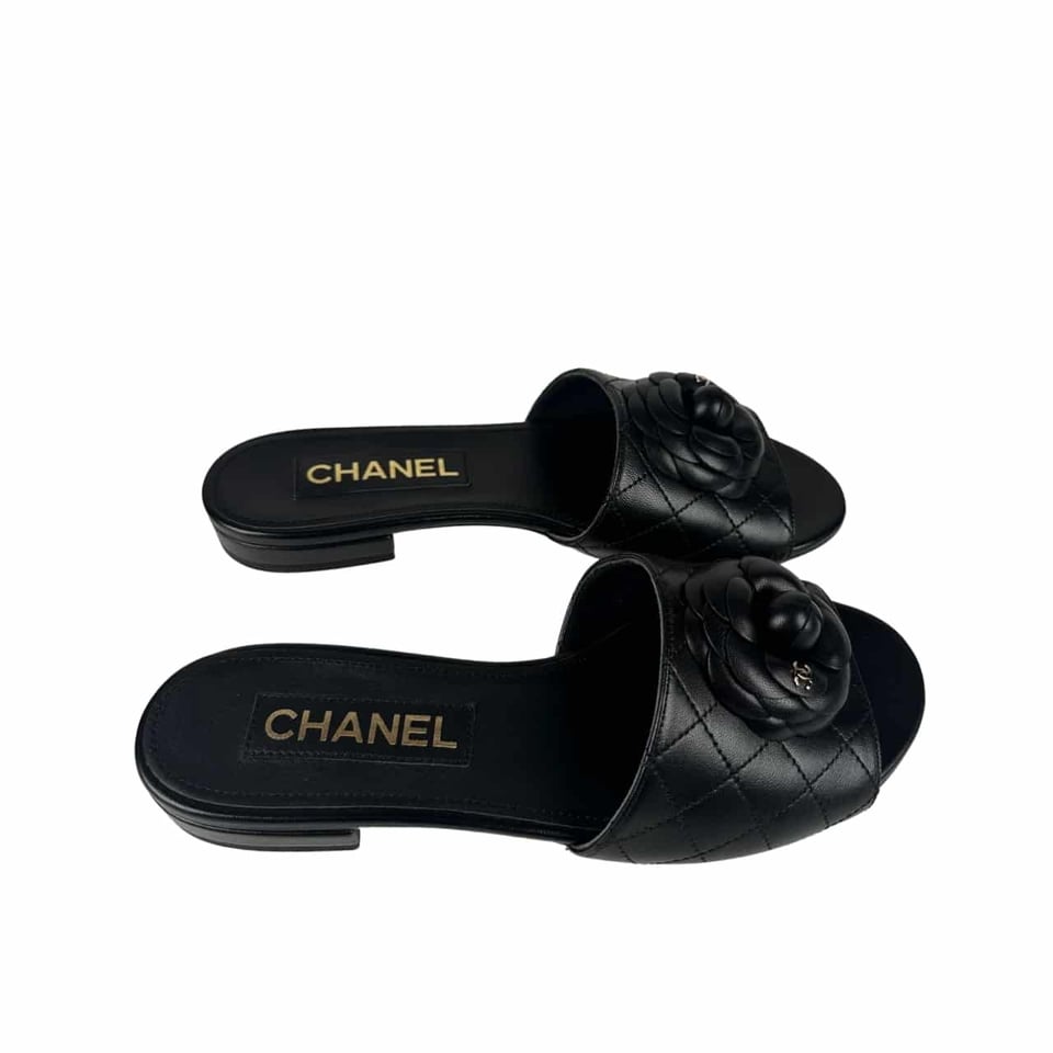 Chanel Camellia Leather Slides Black view 2