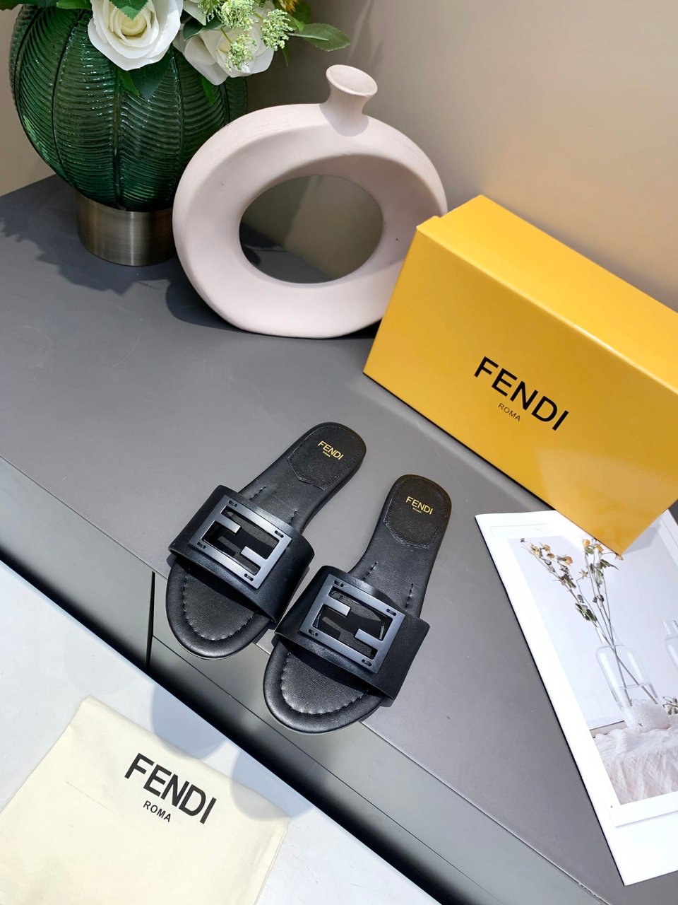 Fendi Signature Leather Sandals Slide Black 0400014271536 view 5