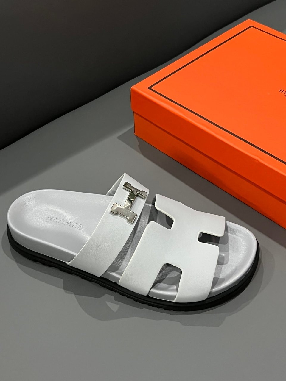 Hermes Chypre Sandal H Logo Silver Hardware Light Grey view 9