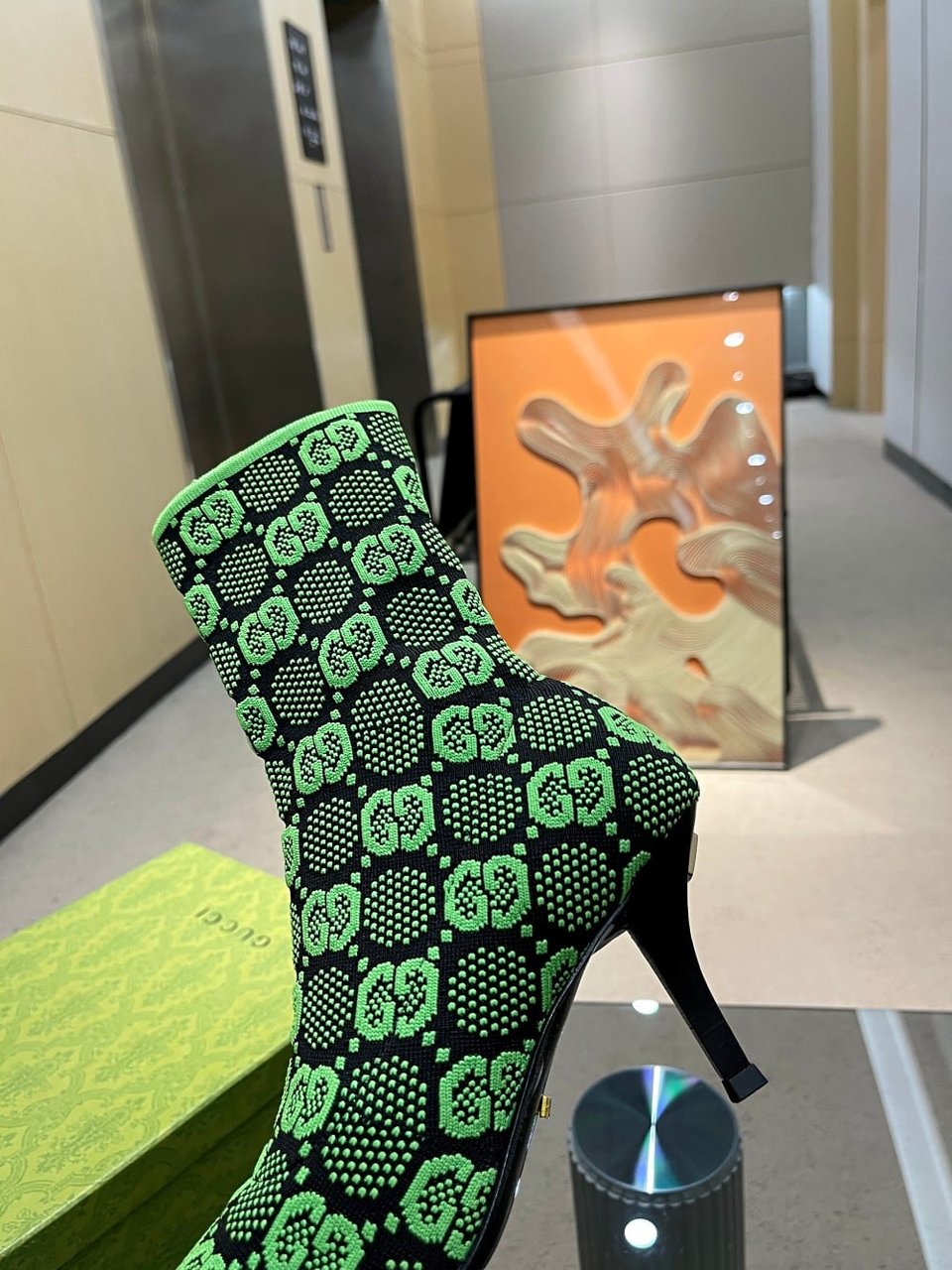 Gucci Gg 75Mm Knit Ankle Boots Black Fluorescent Green Fabric718378 Faaqp 1004 view 9