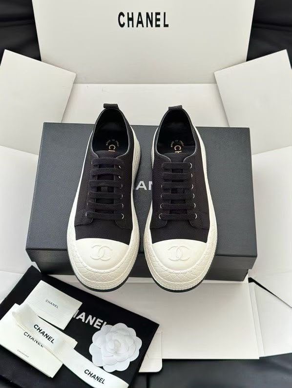 Chanel Canvas Sneakers with Rubber Cap-Toe Black &amp; White G39855 view 3