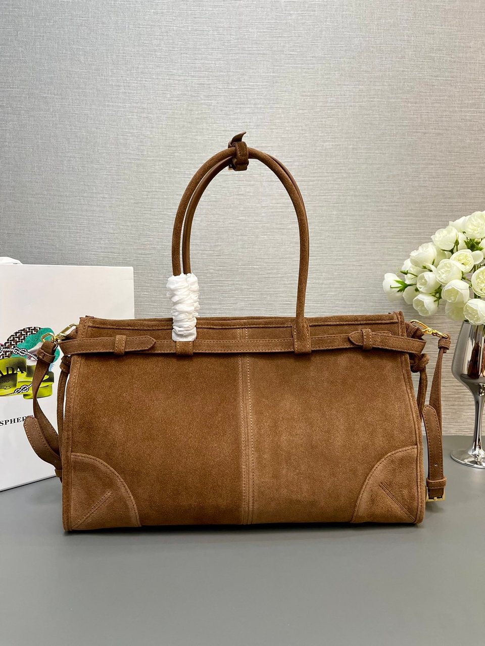 Prada Bonnie Large Suede Handbag Cocoa Brown 38cm view 4