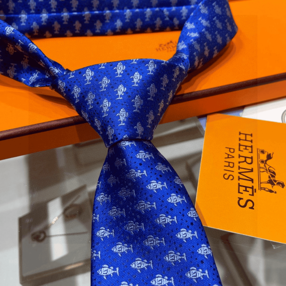Hermes Navy Blue Fish Pattern Canvas Tie For Men view 3