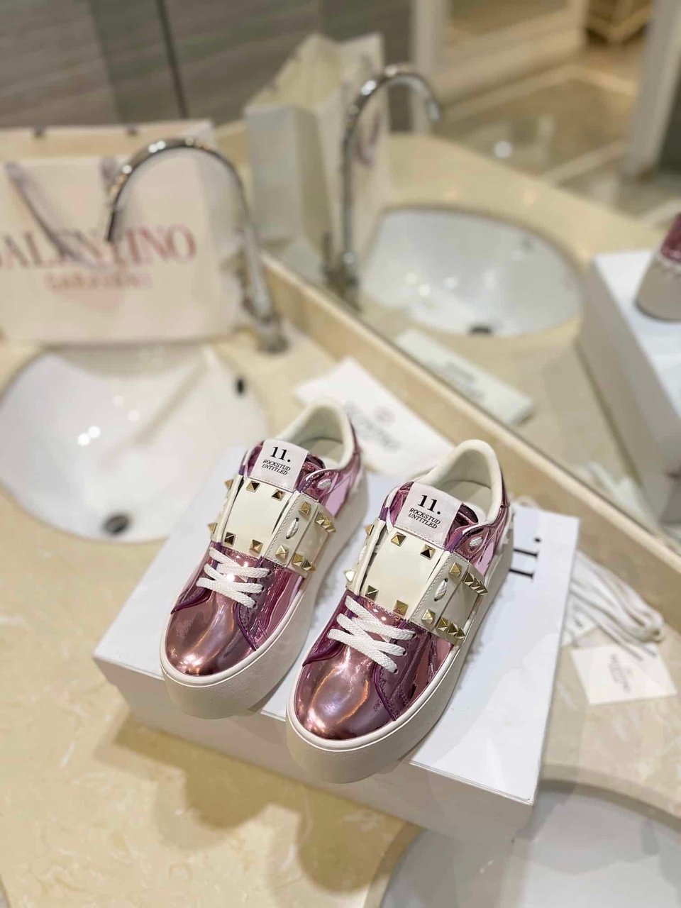 Valentino Garavani Flatform Rockstud Untitled Sneaker Metallic Pink view 9