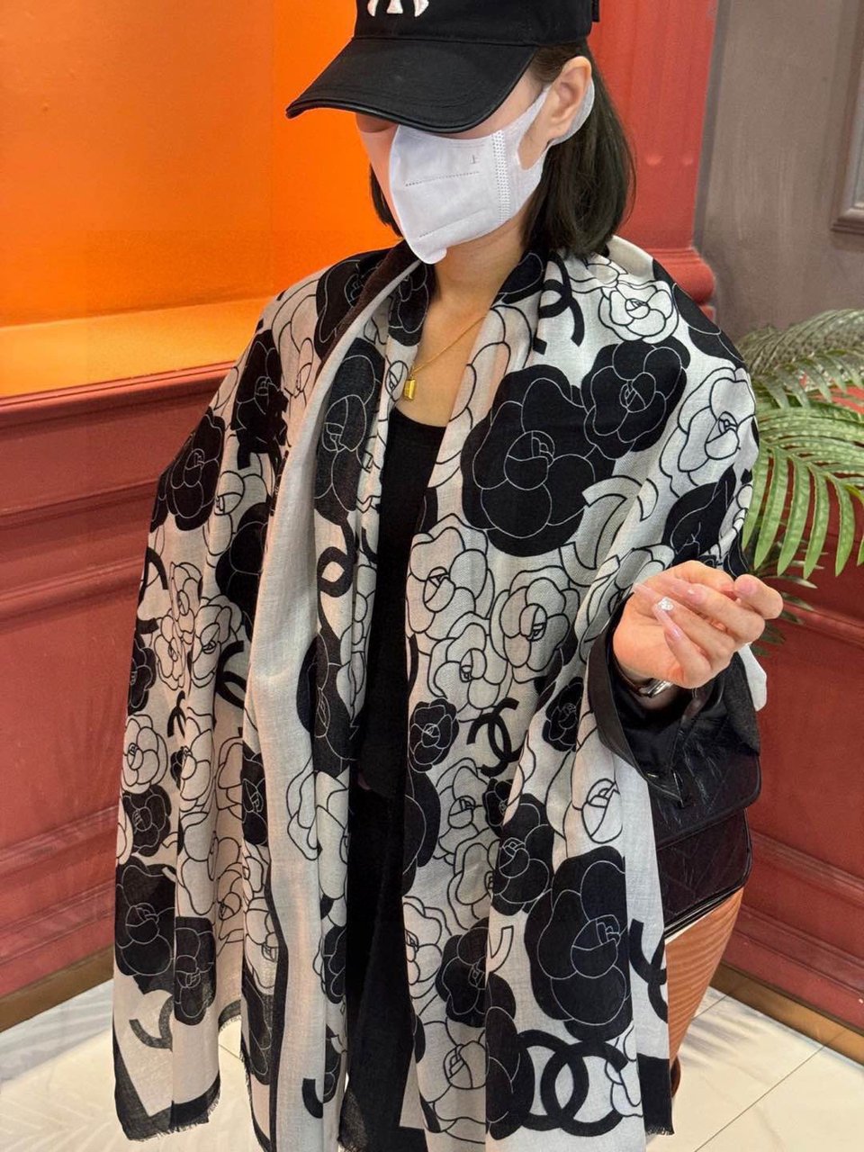Chanel Silk Shawl Camellia Motif White-Black For Women 200cm view 6