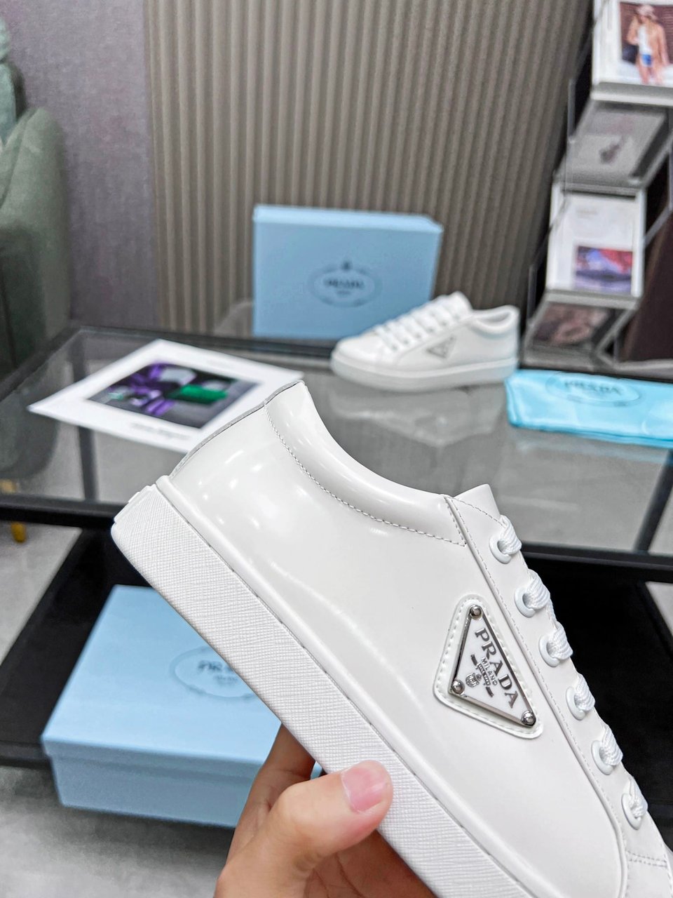 Prada Logo Sneakers In Brushed Leather White view 3