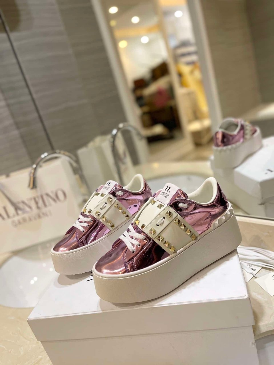 Valentino Garavani Flatform Rockstud Untitled Sneaker Metallic Pink view 3