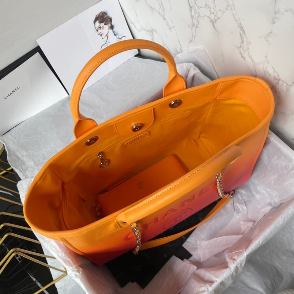 Chanel Shopping Bag 34Cm Orange Purple Calfskin Gold Hardware view 6