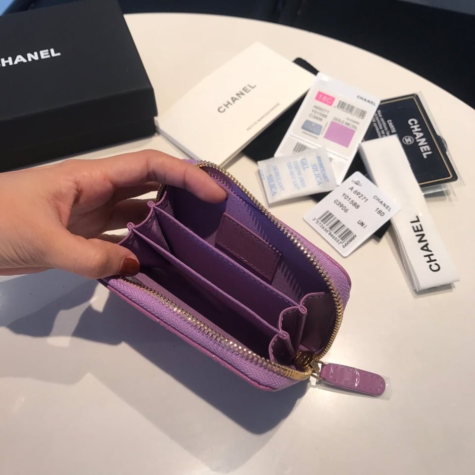 Chanel Zipped Coin Basic Purse 11 Purple Calfskin Gold Icon view 7