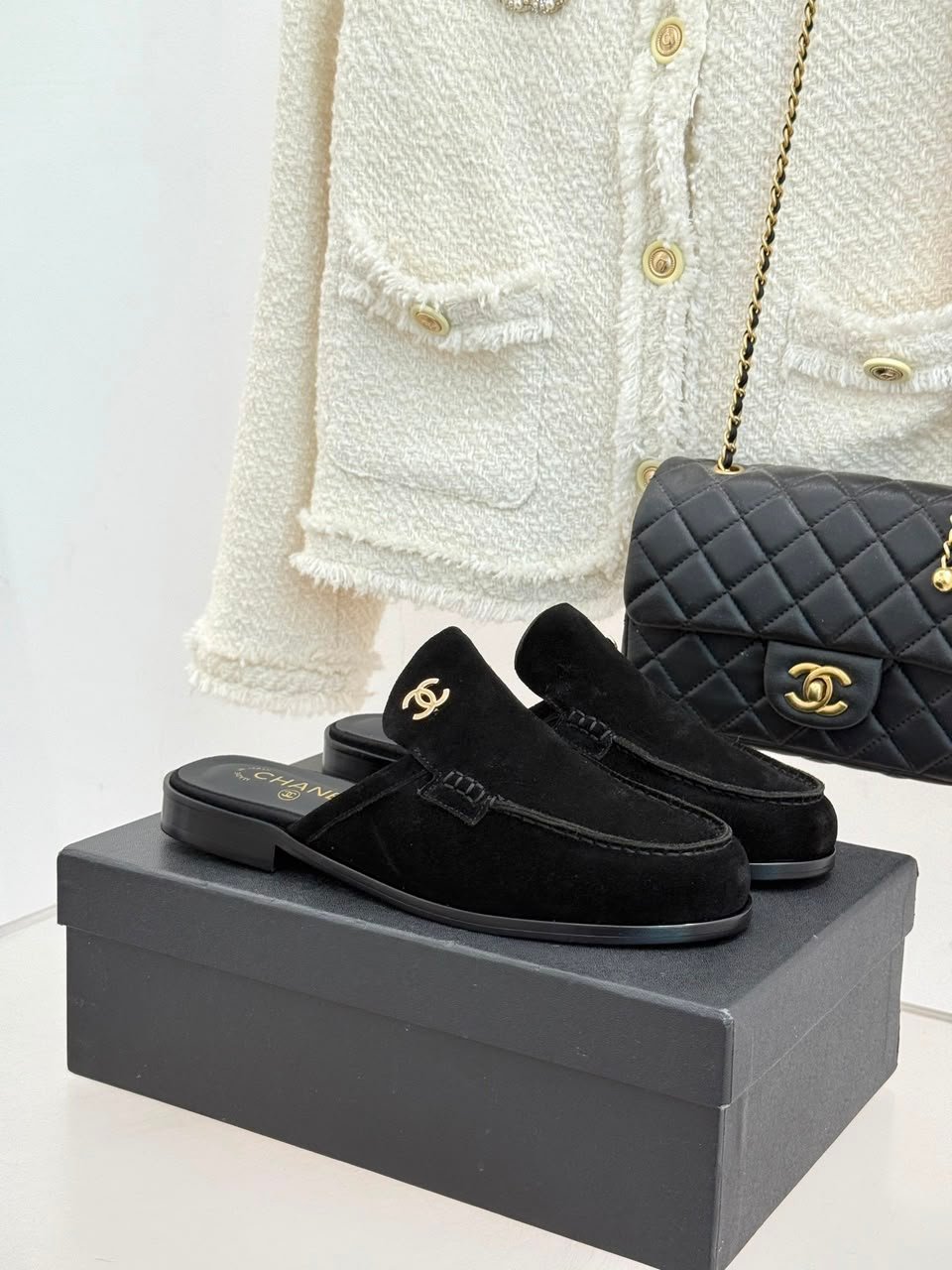 Chanel Suede Velvet Mules with CC Logo Black Suede Calfskin G39838 view 3