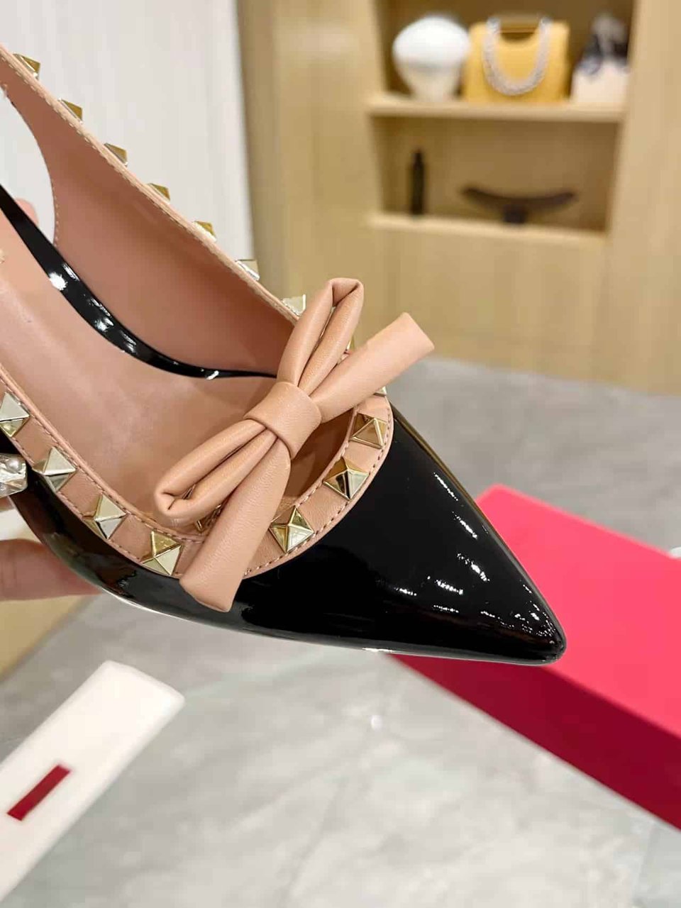 Valentino Rockstud Bow Slingback Pump In Patent Leather With Matching Studs Beige And Black view 6