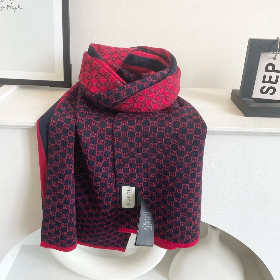 Gucci Cashmere Scarf Pattern Red Navy For Women 180cm
