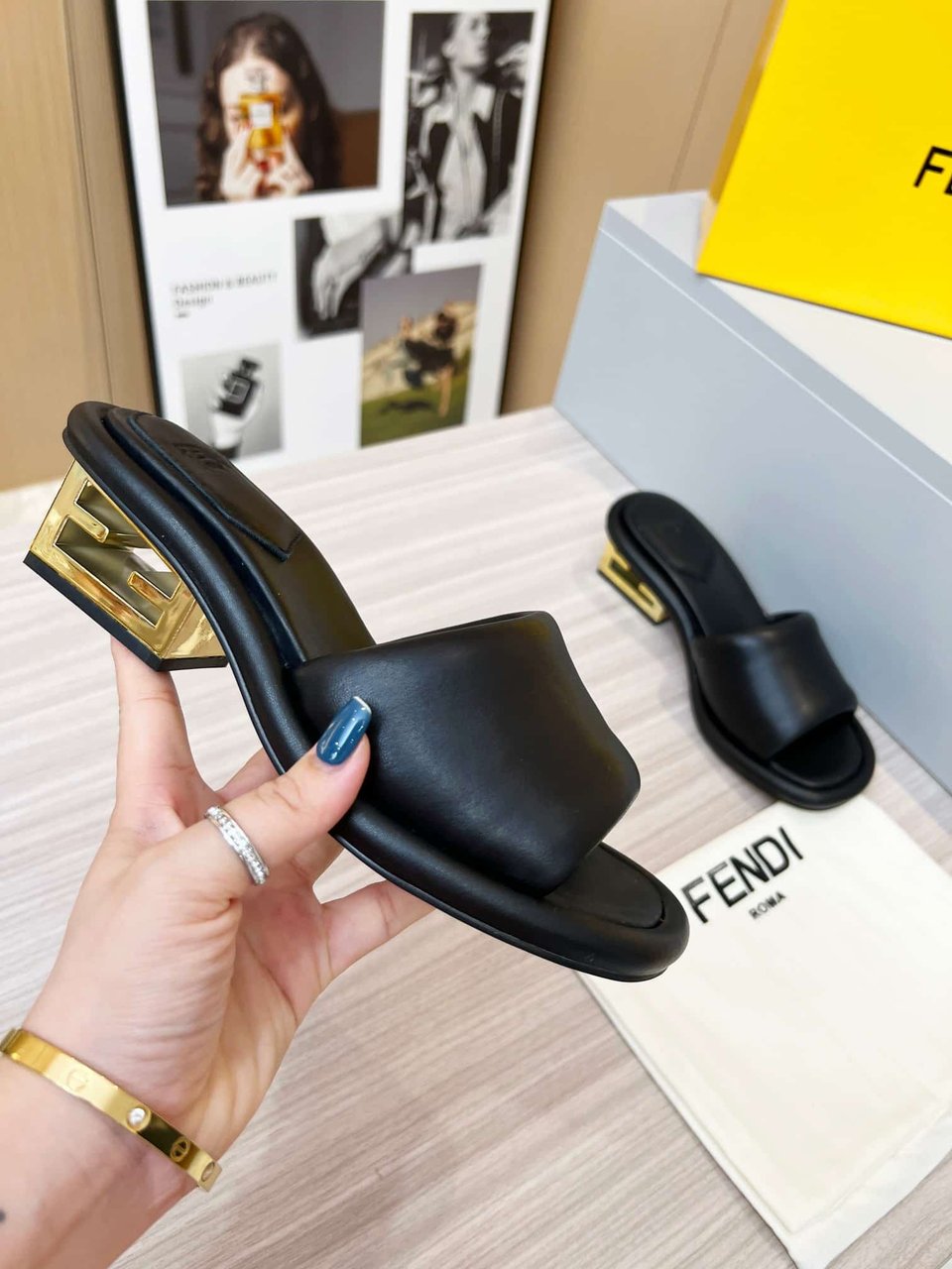 Fendi Cutout Metal Block Heel Padded Leather Sandals Black view 6