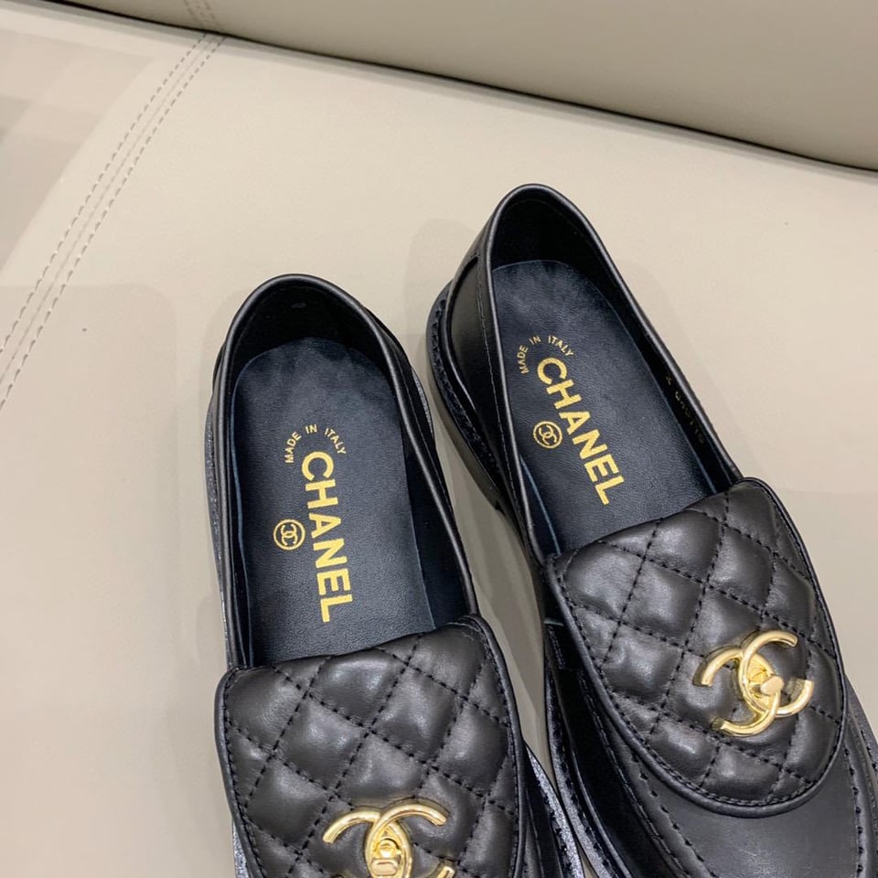 Chanel Quilted Leather Loafers Black with Gold CC Logo view 6