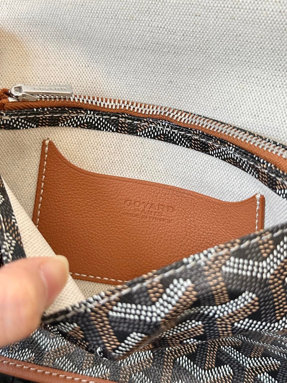 Goyard Plumet Pocket Wallet 20 Cm Black Goyardine Canvas And Tan Lambskin Trim view 6