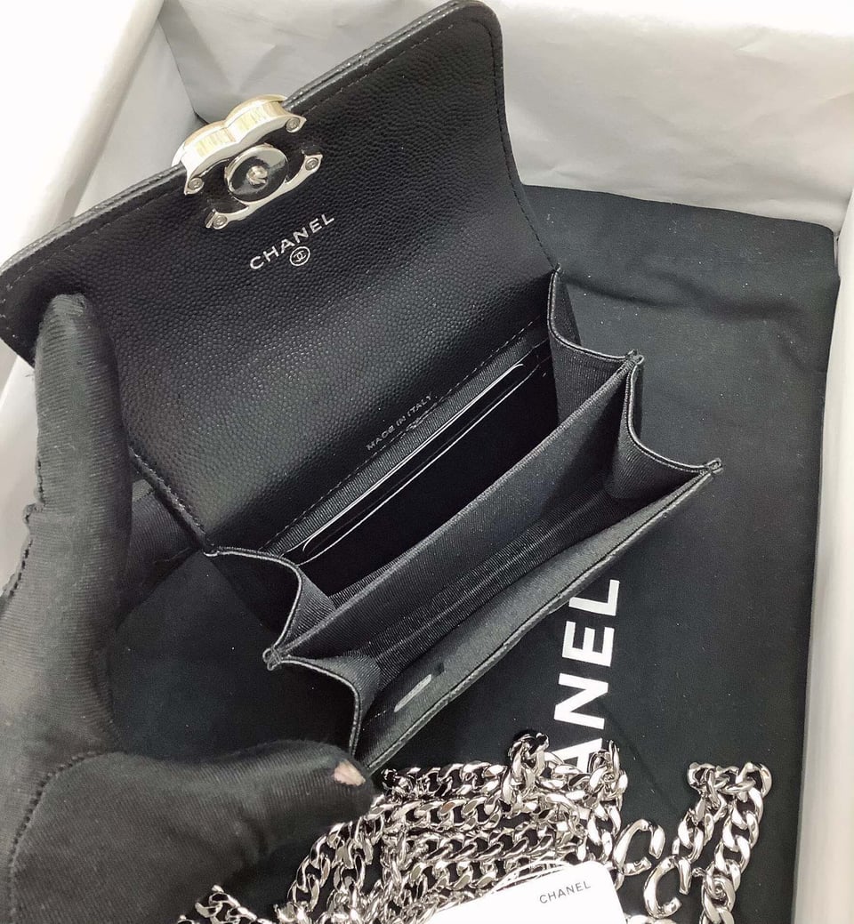 Chanel Mini Woc 13Cm With Top Handle Black Quilted Caviar Leather Silver Hardware view 7