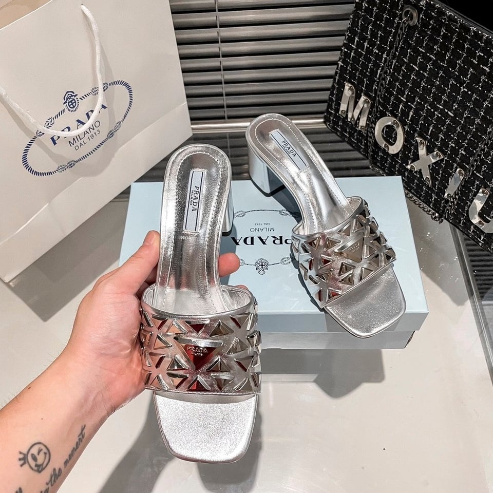 Prada Ciabatte Spazzolato Borchie Sandals Silver view 9