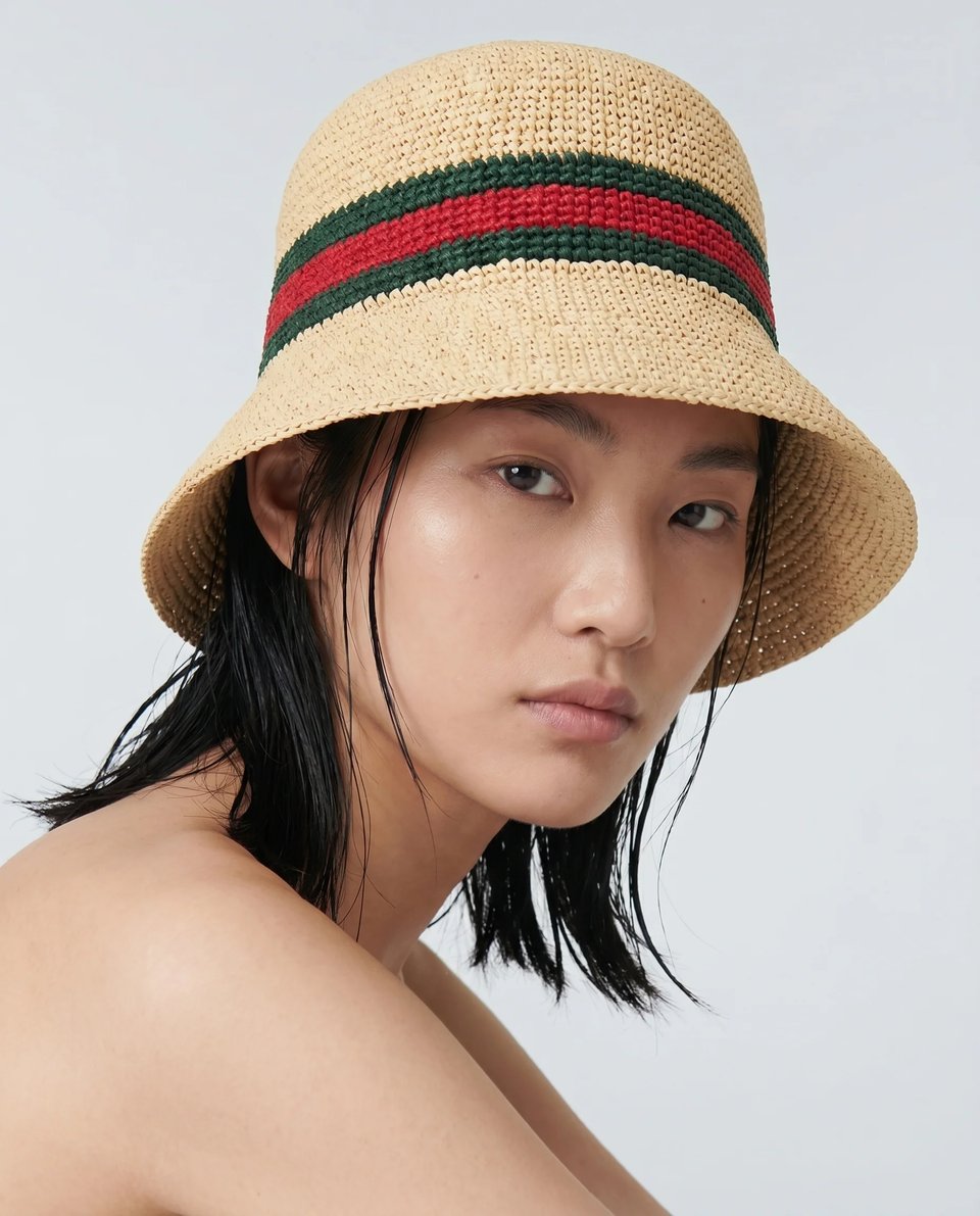 Gucci Woven Fabric Hat With Web Light Beige Unlined 876257 3HBMB 9666 view 2