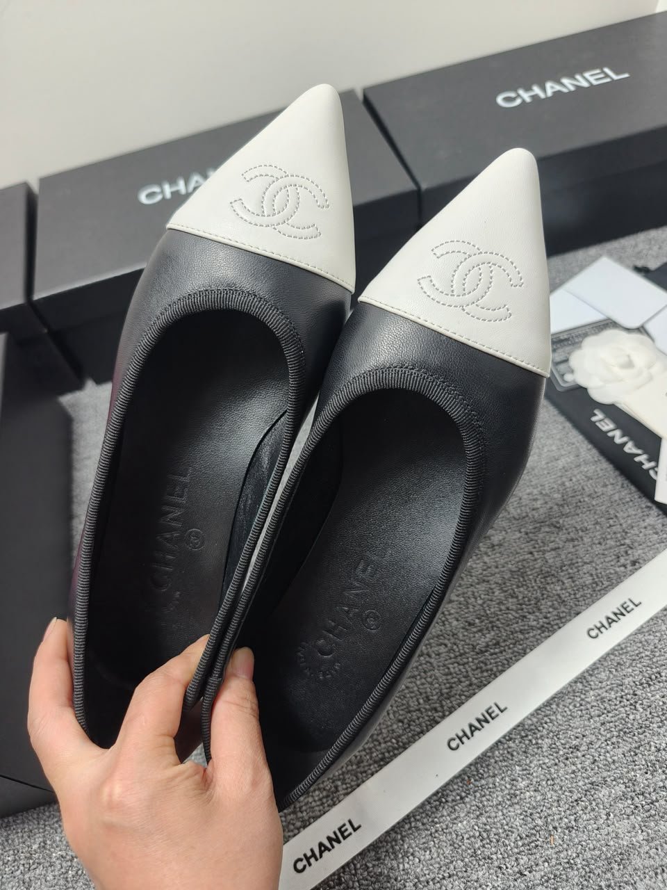 Chanel Pointed-Toe Ballerinas Black Lambskin view 8
