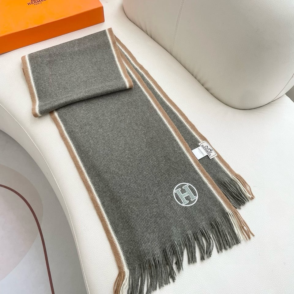 Hermes Cashmere Scarf H-Motif Gray For Women 180cm view 5