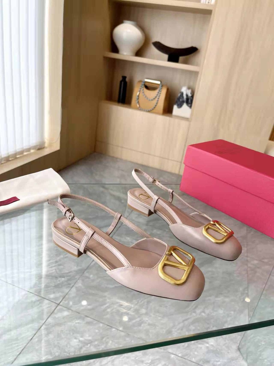 Valentino Garavani V Logo Leather Slingback Flats Beige view 4
