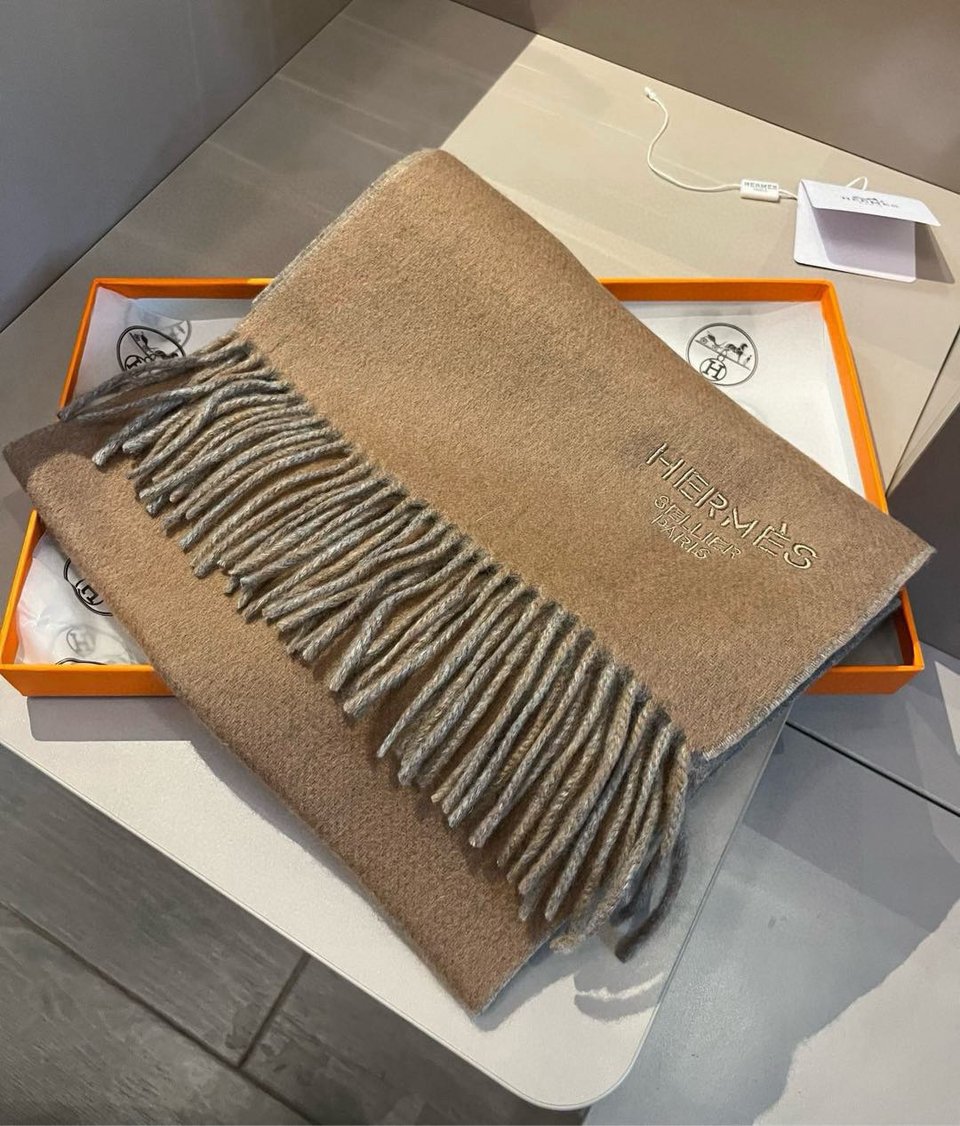 Hermes Cashmere Scarf Colorblock Beige Gray For Women 180cm view 3