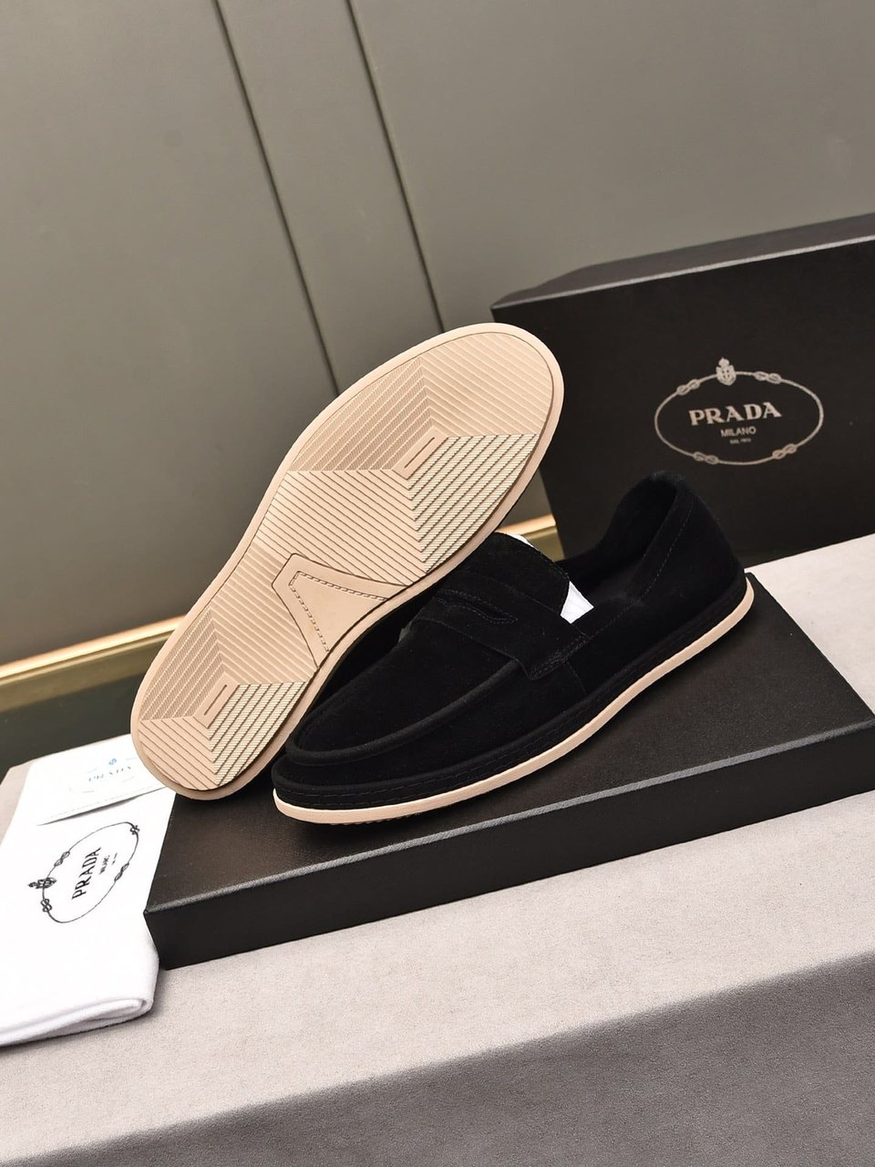 Prada Men’S Flat Loafers Suede Leather Black view 3