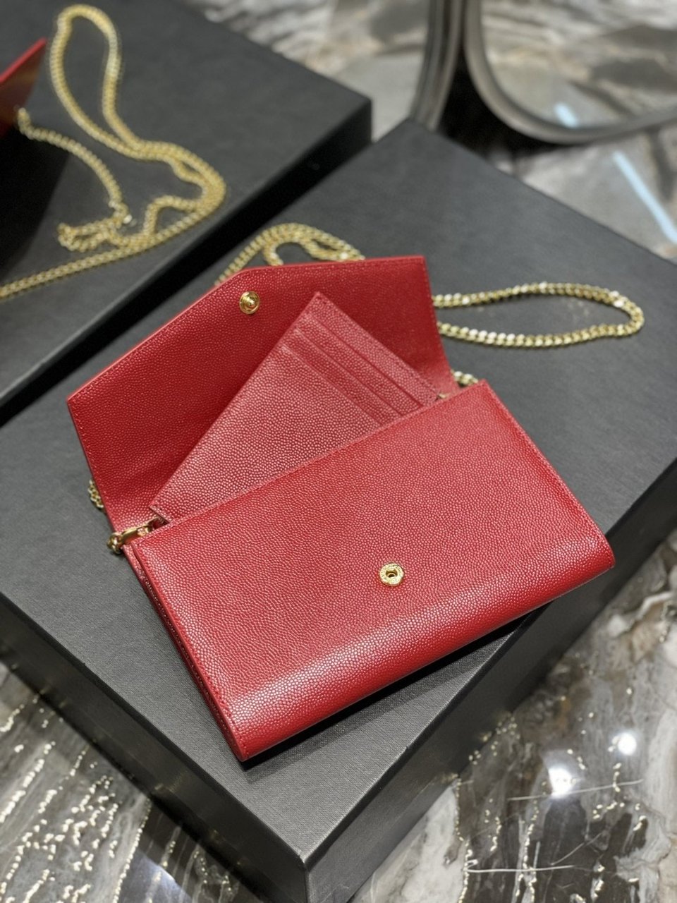 Saint Laurent Uptown Chain Wallet In Grain De Poudre Embossed Leather Red 19Cm view 5