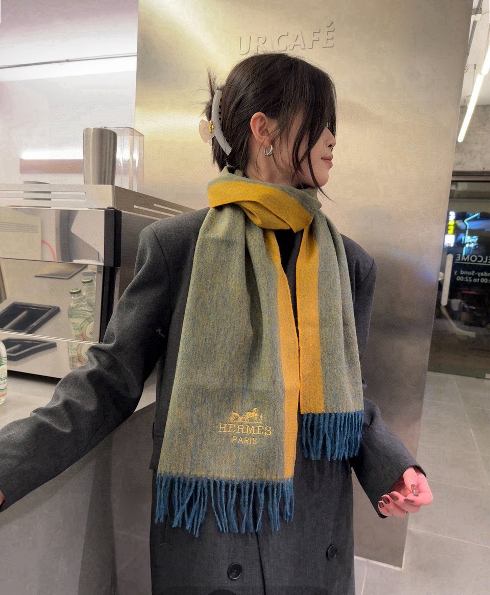 Hermes Cashmere Scarf Colorblock Yellow Green For Women 180cm view 6