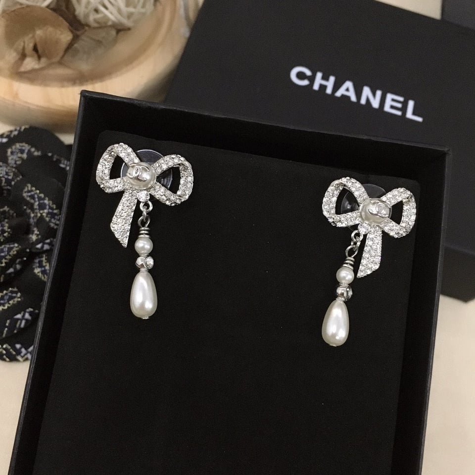 Chanel Bow Silver Pearl Earrings view 7