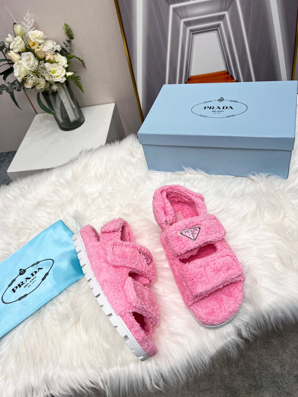Prada Petal Pink Terrycloth Sandals 1X737Mh39F0442Fd020 view 6