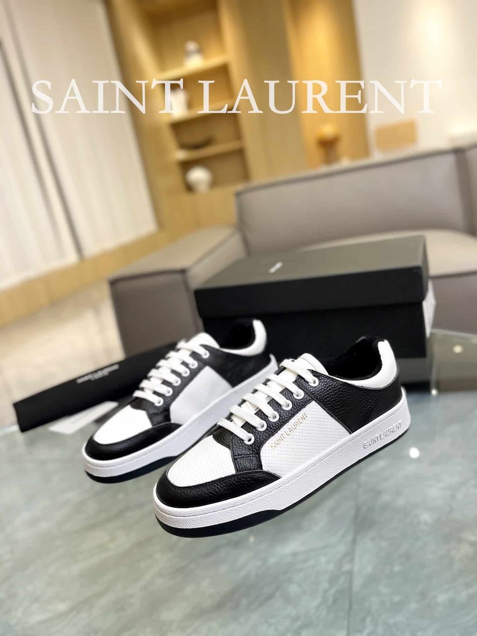 Saint Laurent Perforated Leather Sneakers Black And White view 9
