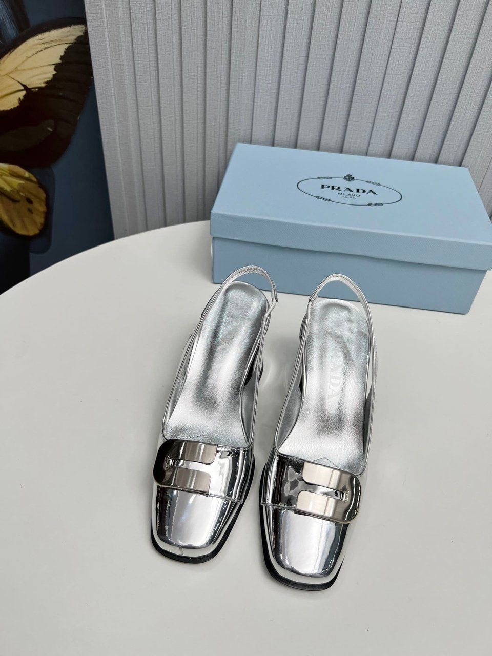 Prada Leather Slingback Pumps Silver view 9