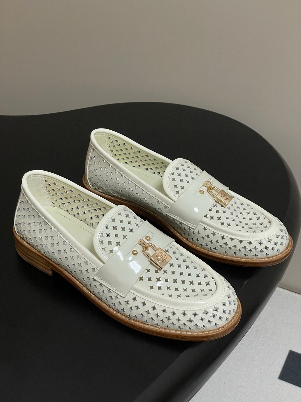 Louis Vuitton Chess Flat Loafer White Monogram Embroidered with Gold Padlock 1AGXRV view 6