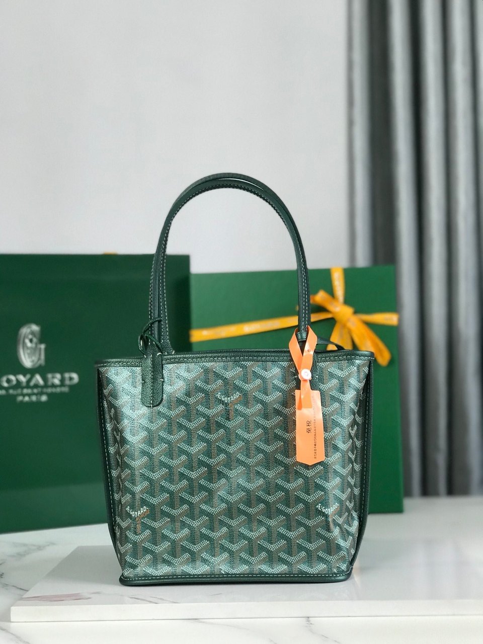 Goyard Anjou Mini Bag 20Cm Green Canvas Chevroches Calfskin view 4