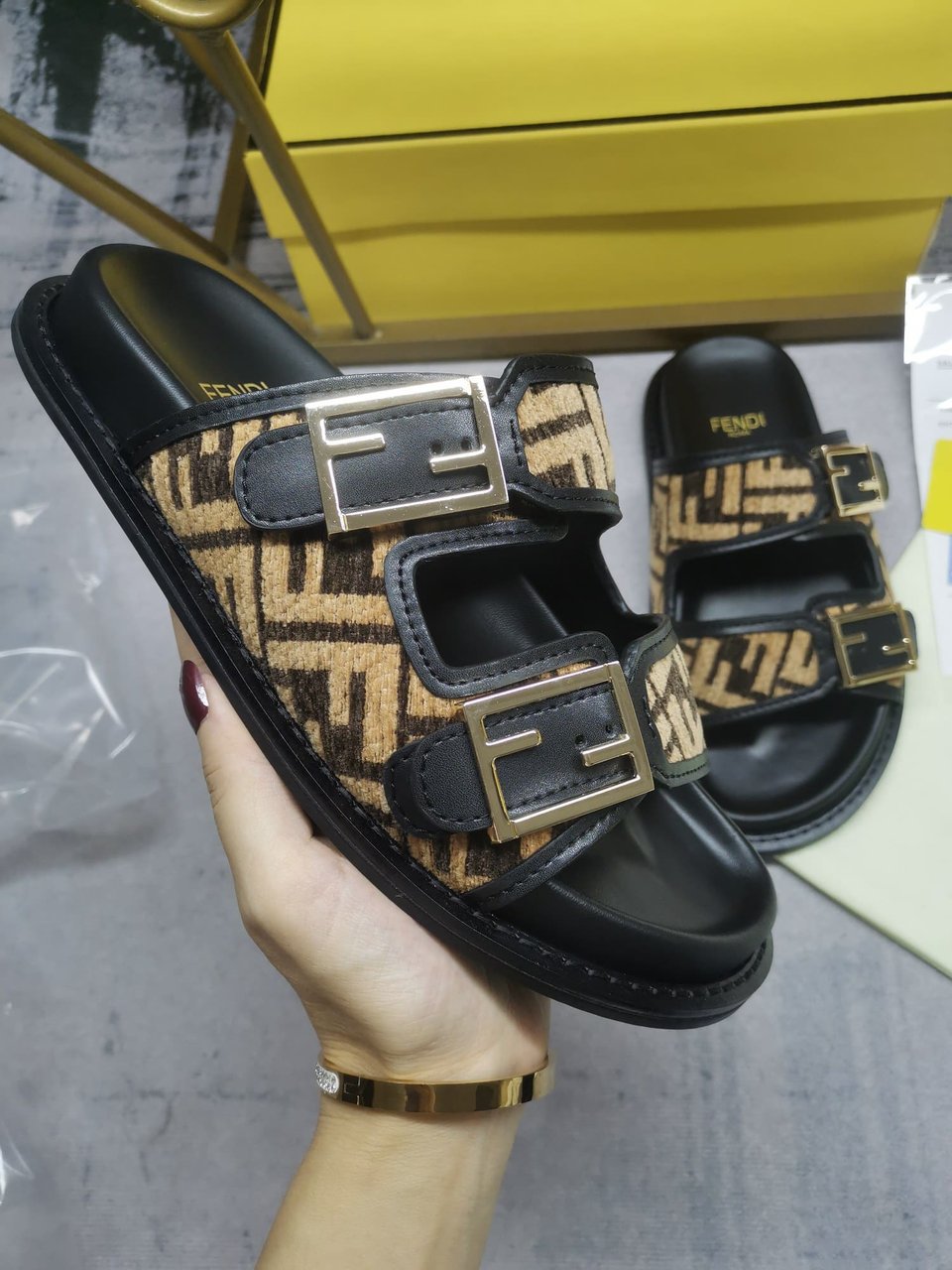 Fendi Feel Ff Fabric Slides Black view 3
