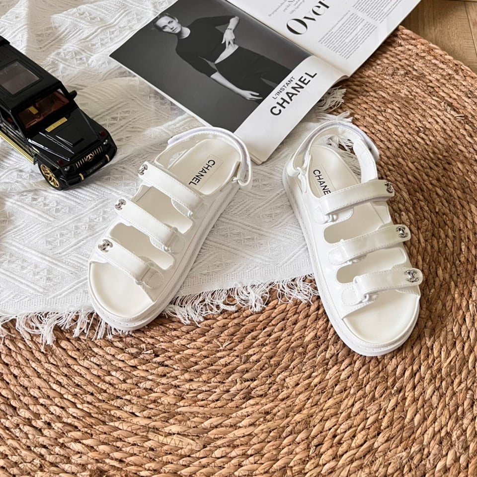 Chanel Triple Velcro Strap Sandals White G45628 view 9