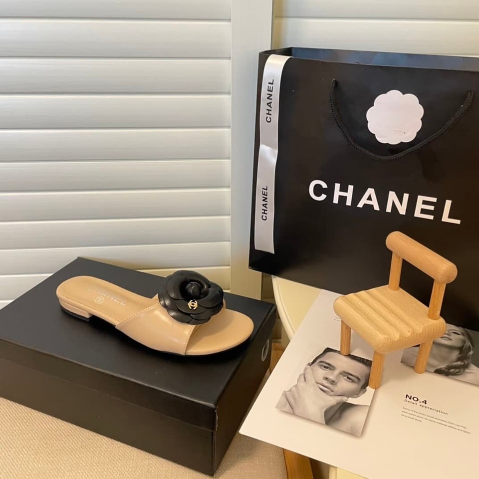 Chanel Black Camellia Slides Beige view 3